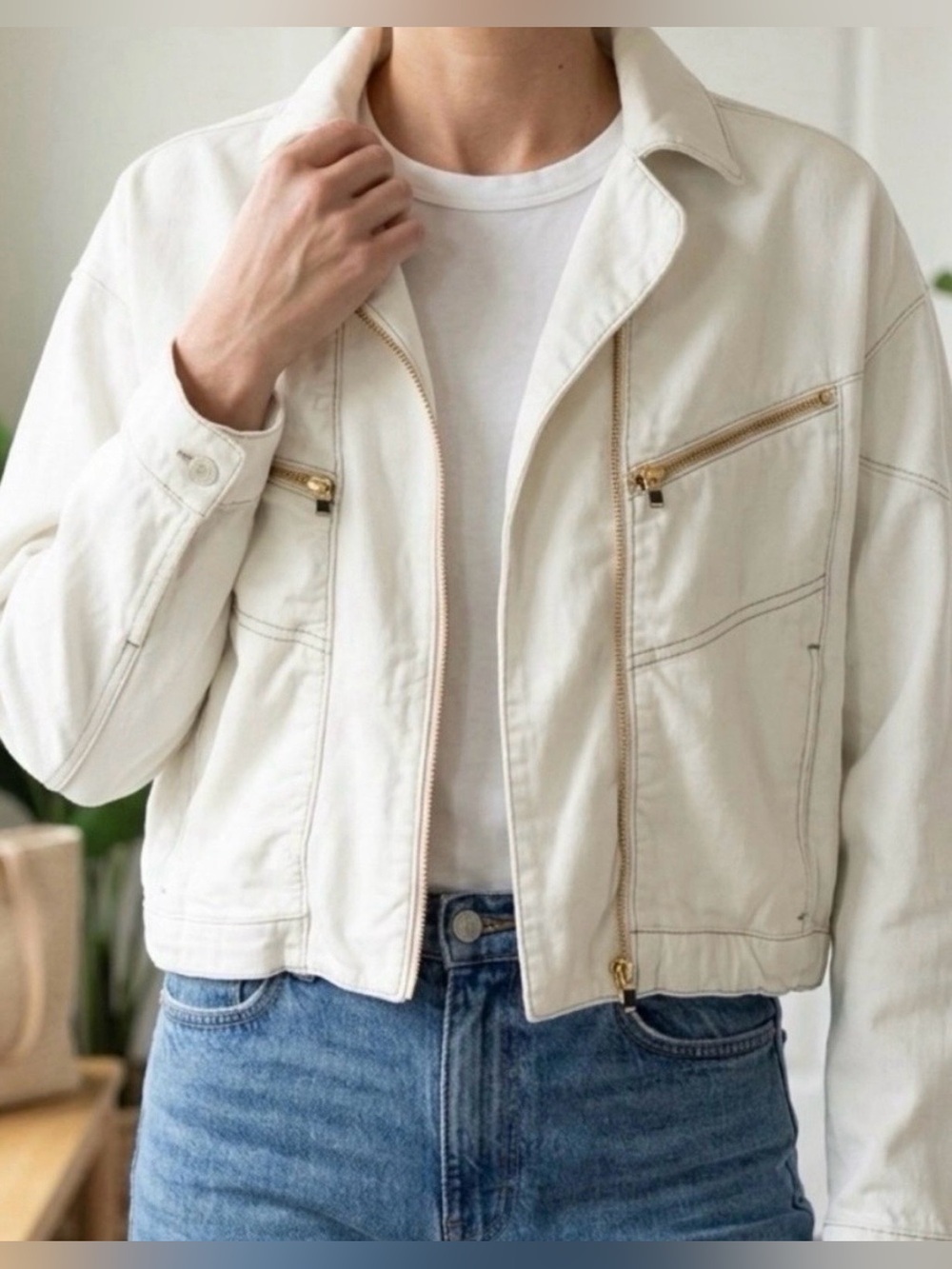 NEW Free People We the Free Urban White Cropped Denim Bomber Jacket Size XL